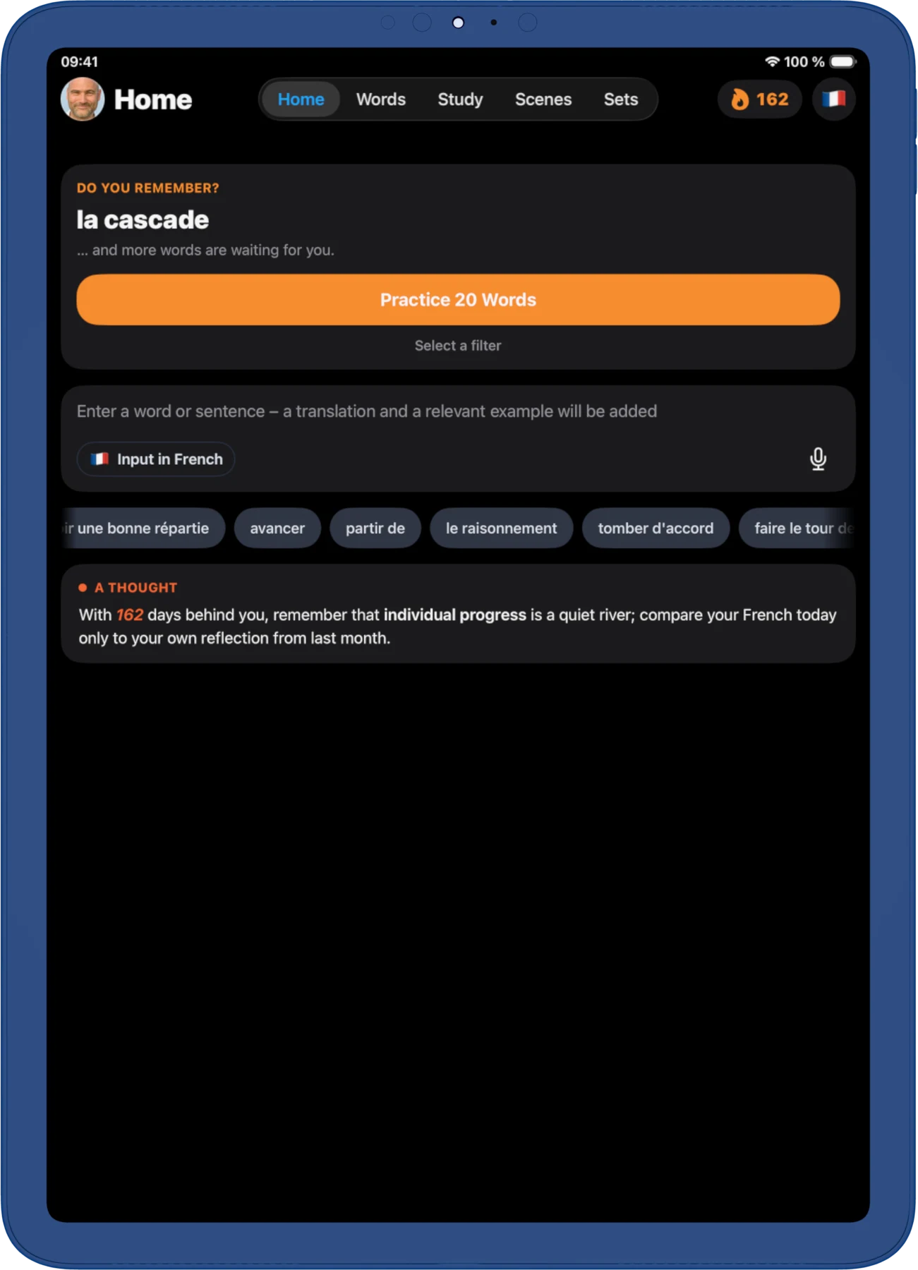 iPad, dark. La pantalla de inicio. Muestra las palabras que toca repasar hoy, el campo para agregar una nueva y una nota del tutor de IA.