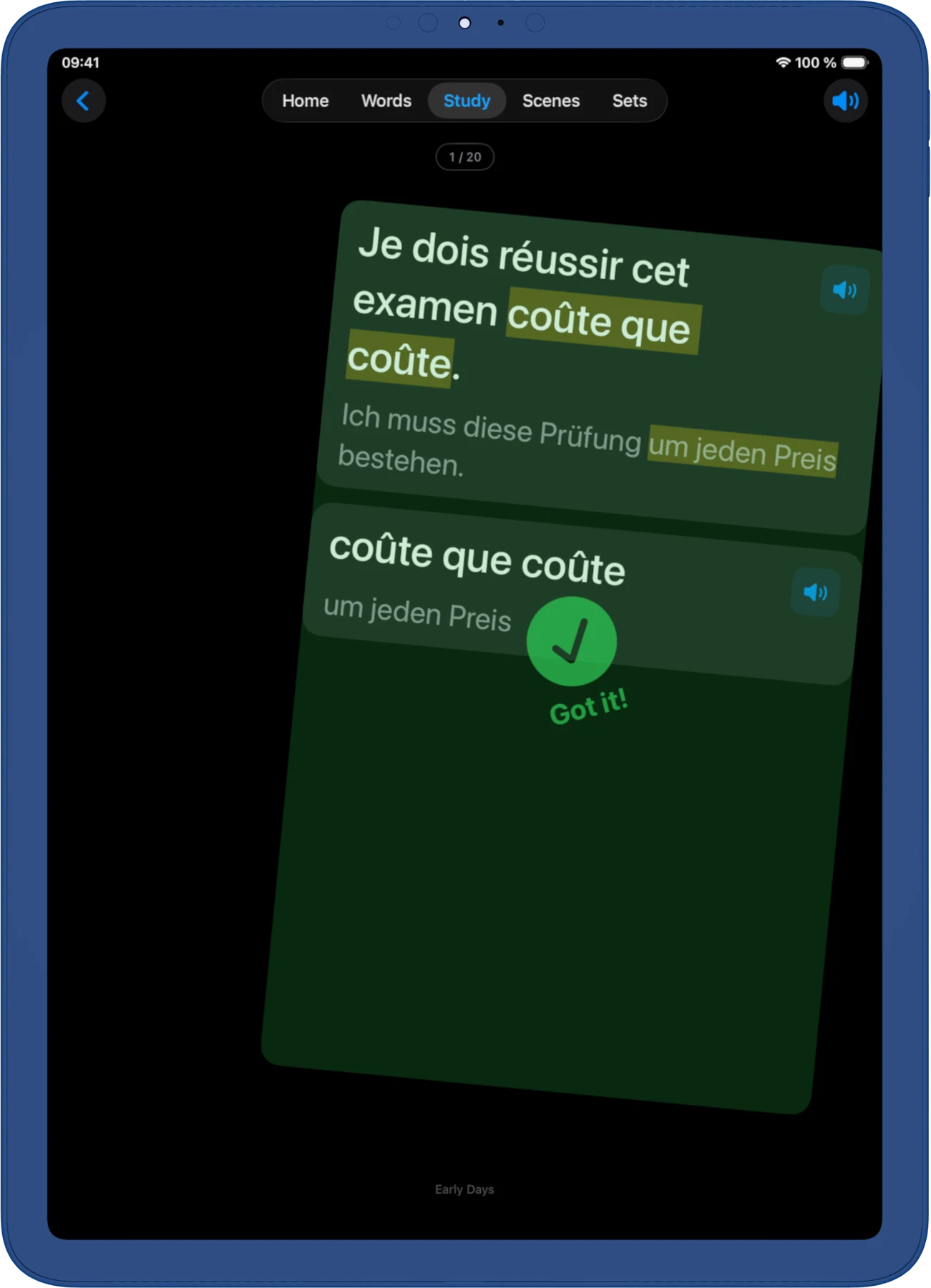 iPad, dark. Aquí se repasan las palabras guardadas con repetición espaciada. Cada tarjeta se responde con «¡Lo tengo!» o «Todavía no».