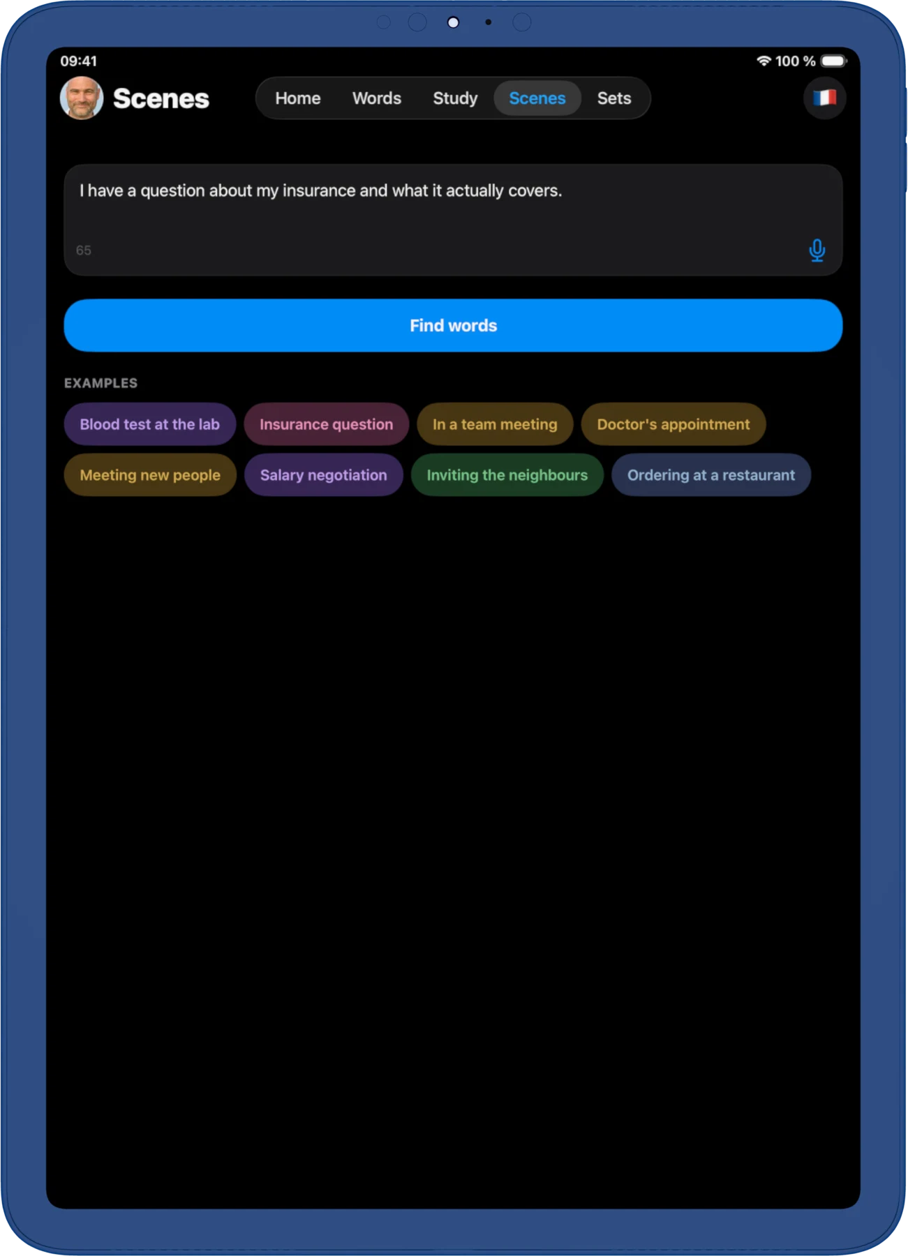 iPad, dark. Vocabulario para una situación concreta. Se describe lo que viene y Vokabulo escribe las palabras necesarias.