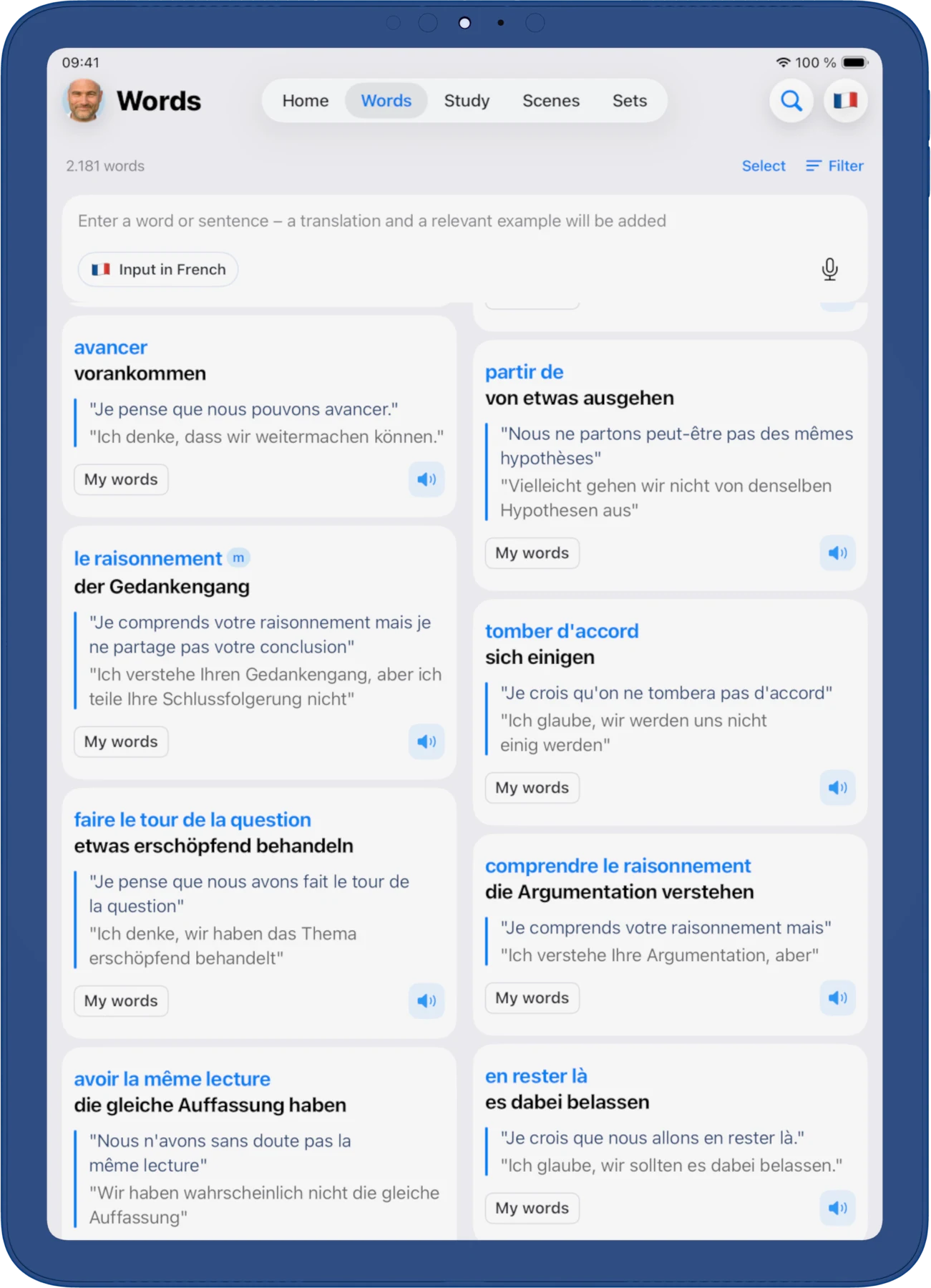 iPad, light. El vocabulario propio: cada palabra guardada con su traducción y sus frases de ejemplo.