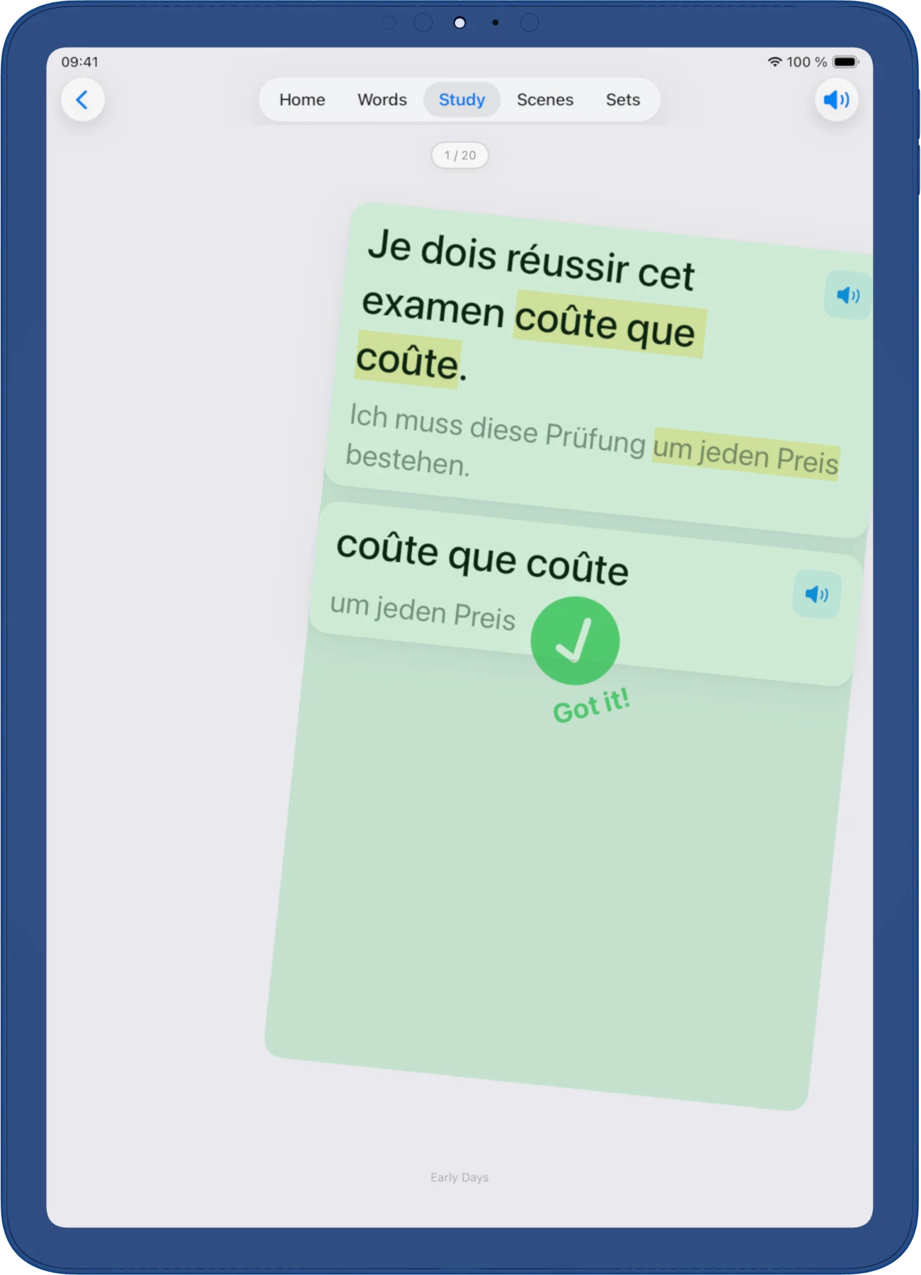 iPad, light. Aquí se repasan las palabras guardadas con repetición espaciada. Cada tarjeta se responde con «¡Lo tengo!» o «Todavía no».