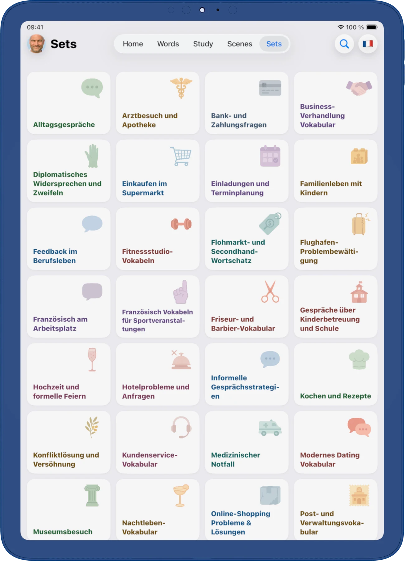 iPad, light. Paquetes de vocabulario listos para situaciones habituales, que se agregan con un solo toque.