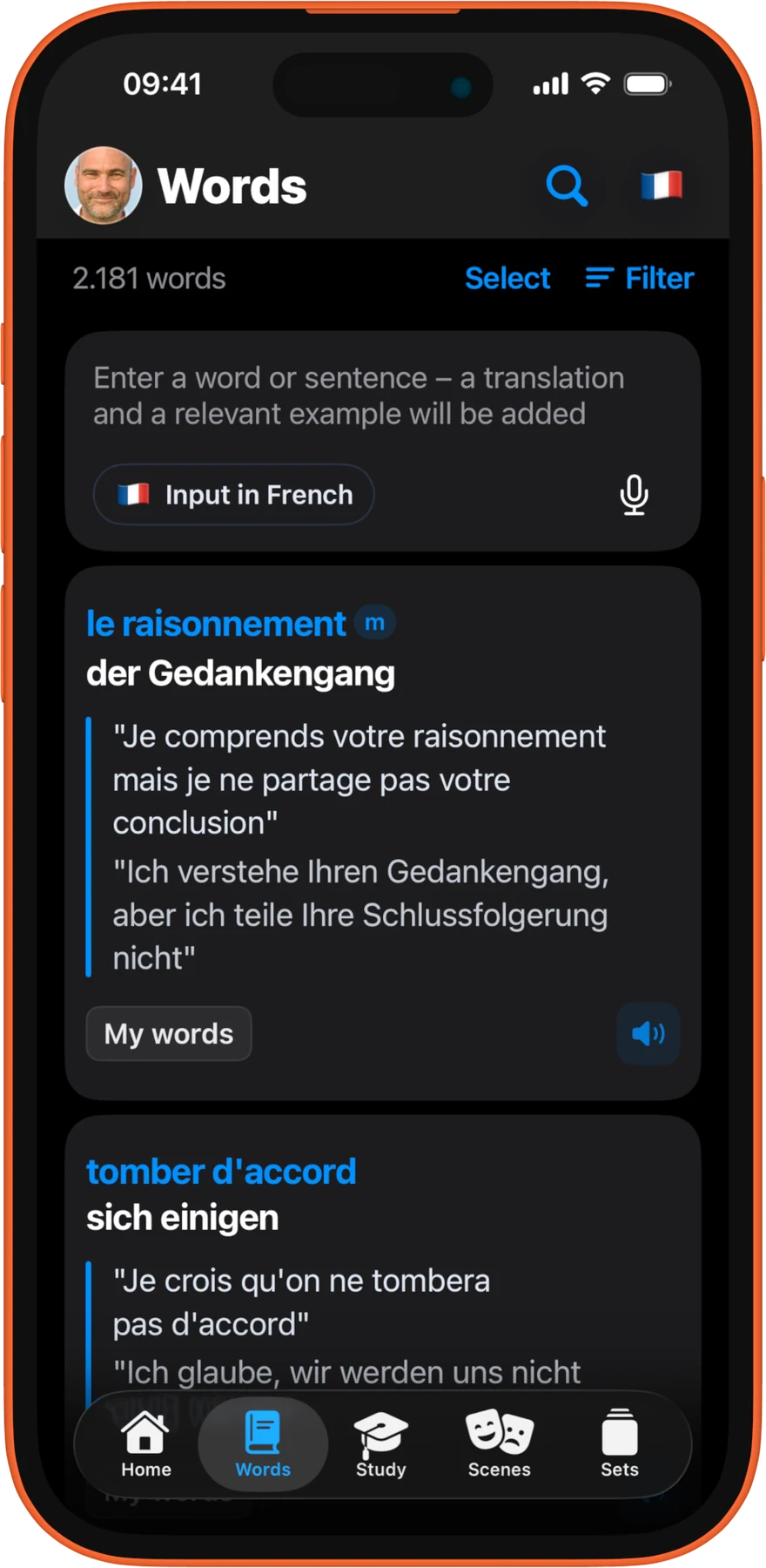 iPhone, dark. El vocabulario propio: cada palabra guardada con su traducción y sus frases de ejemplo.