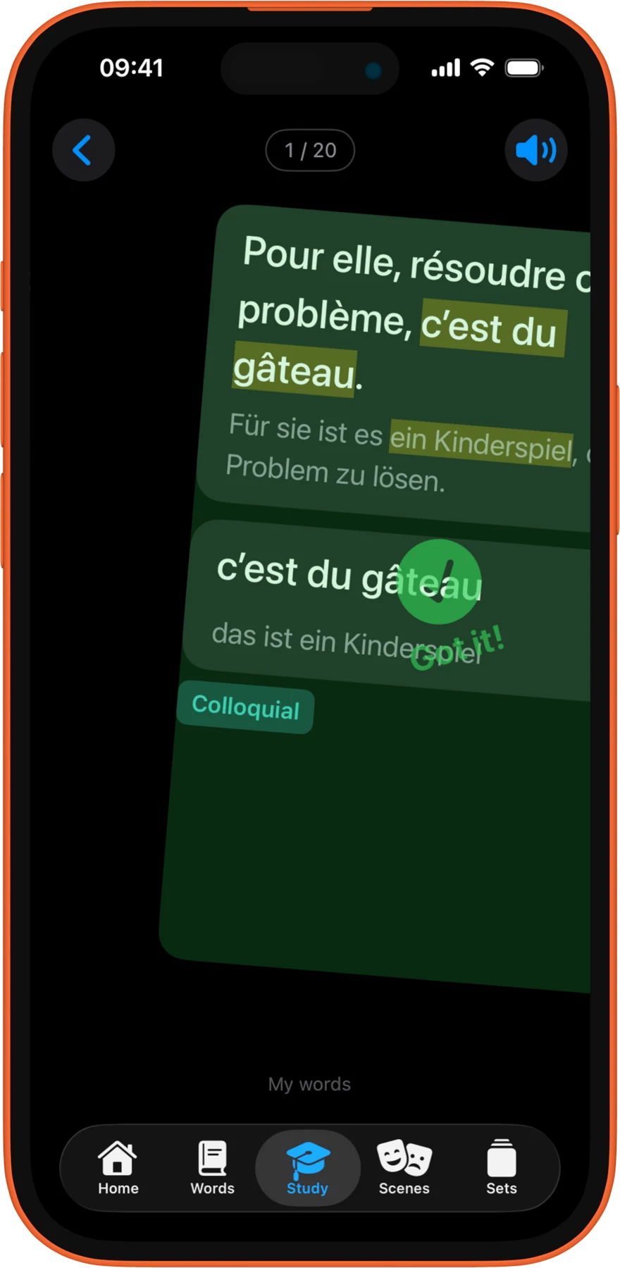 iPhone, dark. Aquí se repasan las palabras guardadas con repetición espaciada. Cada tarjeta se responde con «¡Lo tengo!» o «Todavía no».