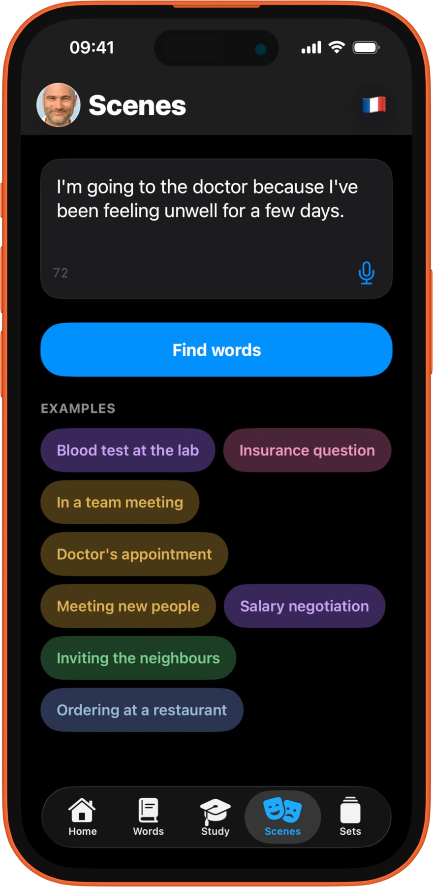 iPhone, dark. Vocabulario para una situación concreta. Se describe lo que viene y Vokabulo escribe las palabras necesarias.