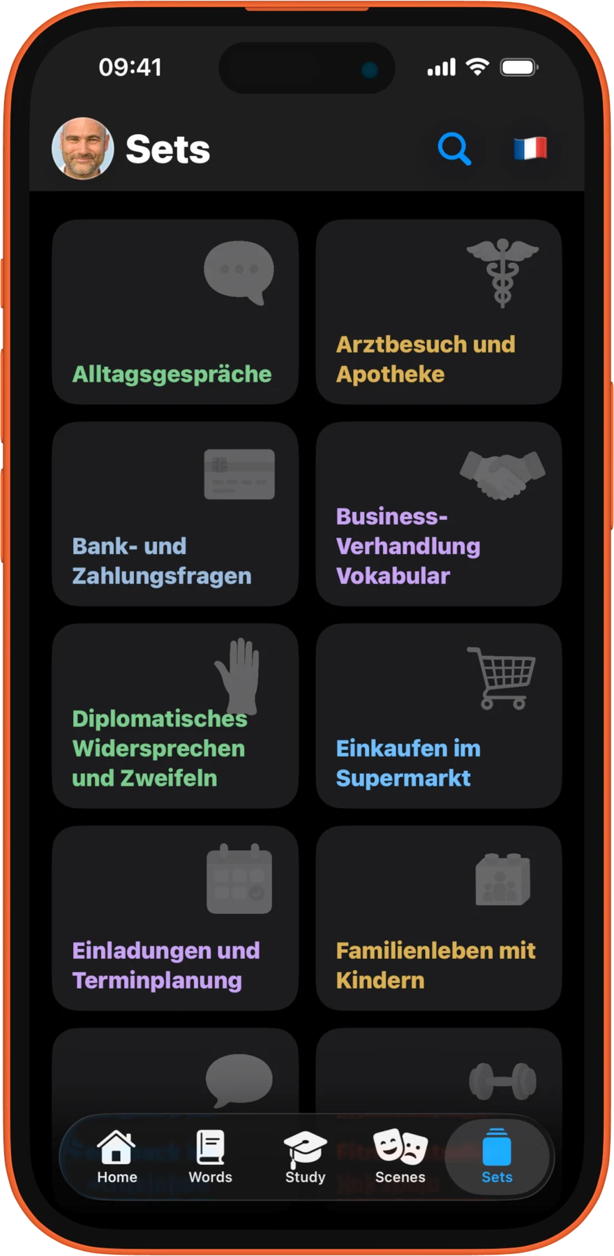 iPhone, dark. Paquetes de vocabulario listos para situaciones habituales, que se agregan con un solo toque.