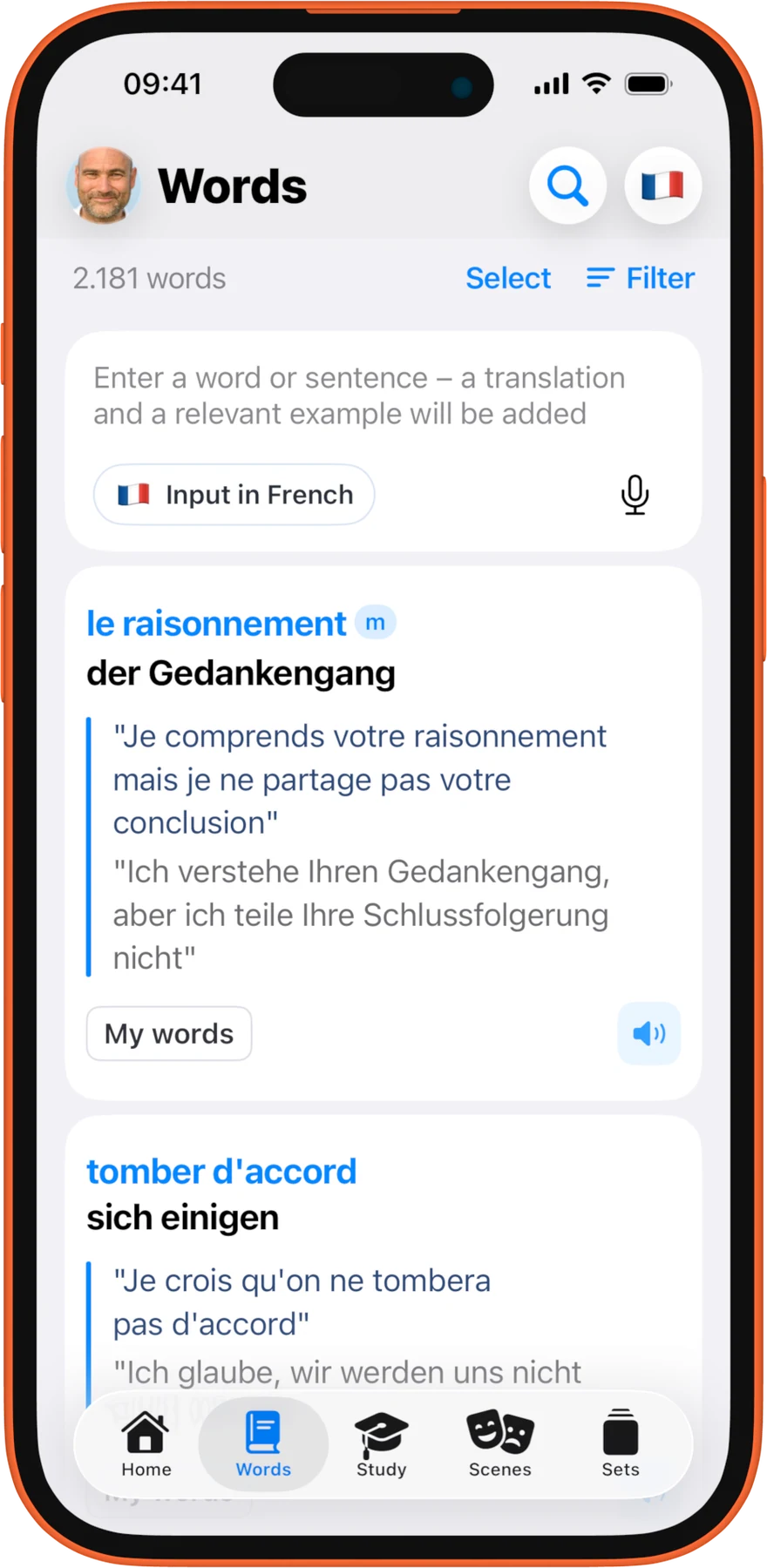 iPhone, light. El vocabulario propio: cada palabra guardada con su traducción y sus frases de ejemplo.