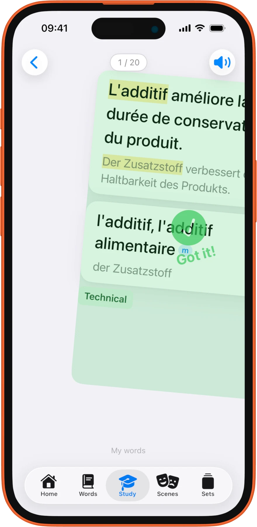 iPhone, light. Aquí se repasan las palabras guardadas con repetición espaciada. Cada tarjeta se responde con «¡Lo tengo!» o «Todavía no».