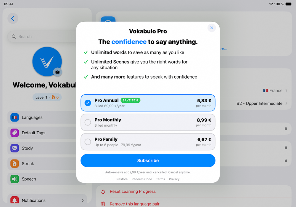 Vokabulo Subscription