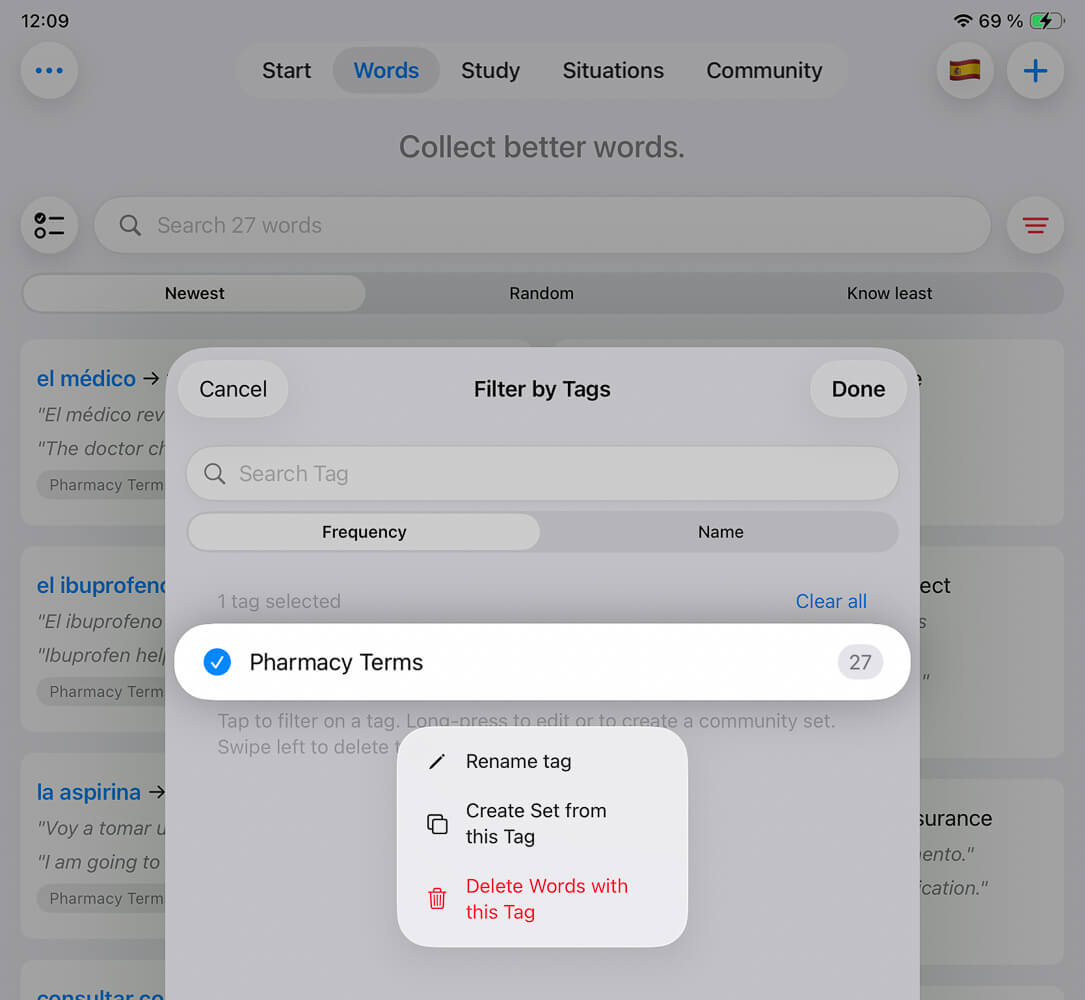 Words Filter By Tags Longpress